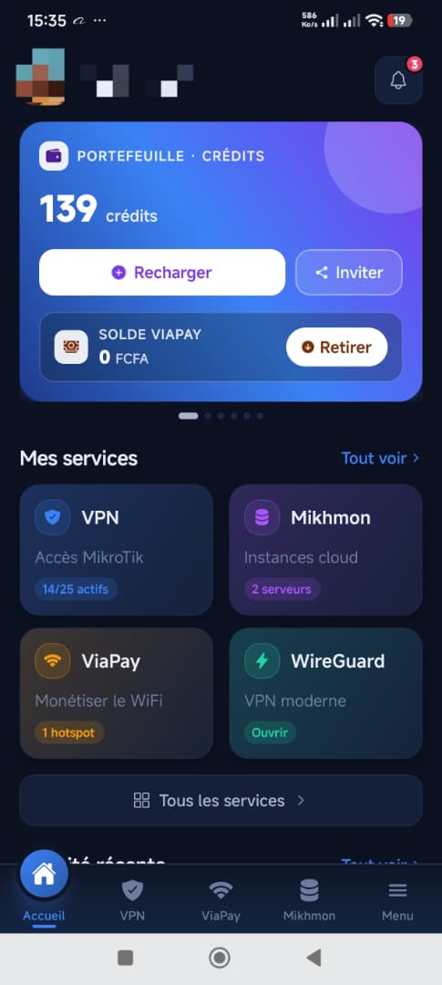 Application mobile Viamikro — écran d'accueil
